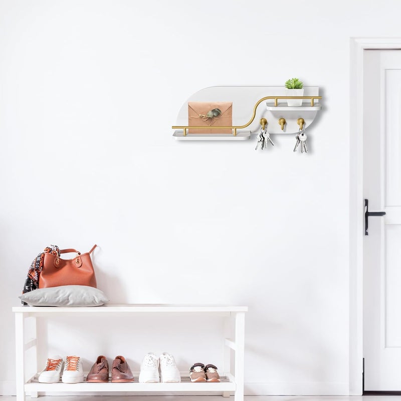 Karisky Key Holder for Wall, Decorative Key and Mail Organizer with 3 Metal Hooks and 2 Shelves, Wood Wall Mounted Key Rack for Entryway, White - Image 2